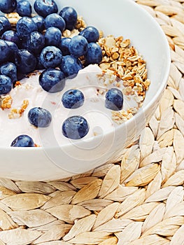 Blueberry yogurt cereal bowl as healthy breakfast and morning meal, sweet food and organic berry fruit, diet and