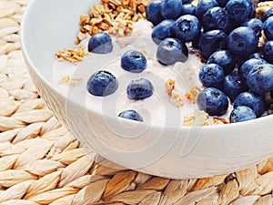 Blueberry yogurt cereal bowl as healthy breakfast and morning meal, sweet food and organic berry fruit, diet and