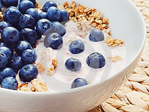 Blueberry yogurt cereal bowl as healthy breakfast and morning meal, sweet food and organic berry fruit, diet and