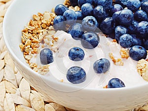 Blueberry yogurt cereal bowl as healthy breakfast and morning meal, sweet food and organic berry fruit, diet and