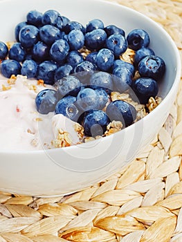 Blueberry yogurt cereal bowl as healthy breakfast and morning meal, sweet food and organic berry fruit, diet and