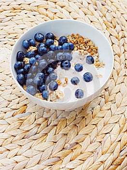 Blueberry yogurt cereal bowl as healthy breakfast and morning meal, sweet food and organic berry fruit, diet and