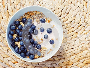 Blueberry yogurt cereal bowl as healthy breakfast and morning meal, sweet food and organic berry fruit, diet and