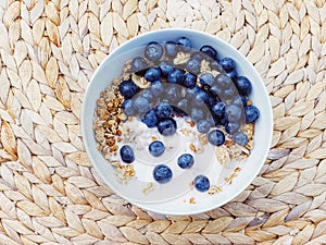 Blueberry yogurt cereal bowl as healthy breakfast and morning meal, sweet food and organic berry fruit, diet and