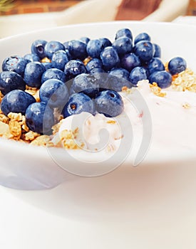 Blueberry yogurt cereal bowl as healthy breakfast and morning meal, sweet food and organic berry fruit, diet and