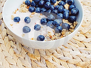 Blueberry yogurt cereal bowl as healthy breakfast and morning meal, sweet food and organic berry fruit, diet and