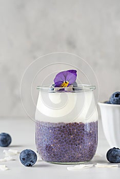 Blueberry yogurt parfait with chia pudding, coconut yoghurt, fresh berries and edible flowers in a glass