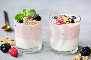 Blueberry yogurt parfait with granola, berries