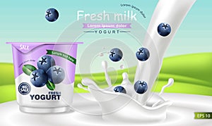 Blueberry yogurt Vector realistic. Product placement mock up. Fresh yogurt splash with fruits. Label design. 3d detailed