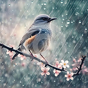 Bluebird On Cherry Blossom Branch In Window With Raindrops