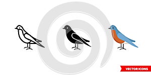 Bluebird icon of 3 types color, black and white, outline. Isolated vector sign symbol