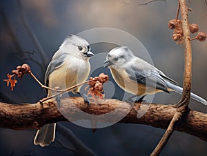 bluebirds on a branch on grey background wood landscape animal photo