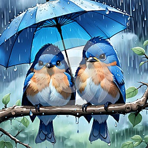 Bluebirds Perched Under A Blue Umbrella In The Rain