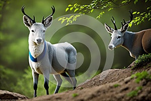 A bluebuck is standing on a rocky hillside, looking at each other.