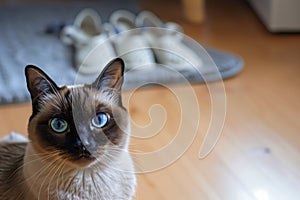 blueeyed cat staring into camera, slippers forgotten in the background