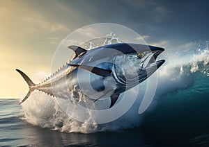 Bluefin Tuna jumping out of water. Generative Ai