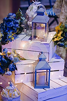 Blueish decoration with wooden boxes photo
