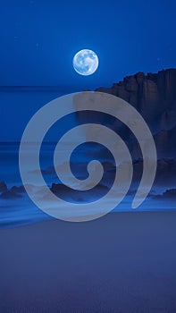 bluemoon overcasting the beach coast illustration Artificial Intelligence artwork generated