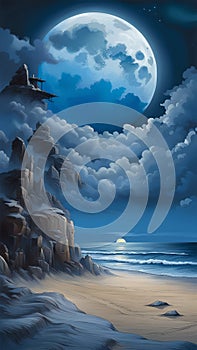 bluemoon overcasting the beach coast illustration Artificial Intelligence artwork generated