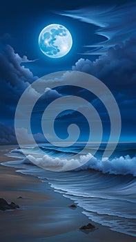 bluemoon overcasting the beach coast illustration Artificial Intelligence artwork generated