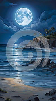 bluemoon overcasting the beach coast illustration Artificial Intelligence artwork generated