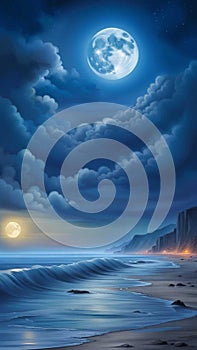 bluemoon overcasting the beach coast illustration Artificial Intelligence artwork generated