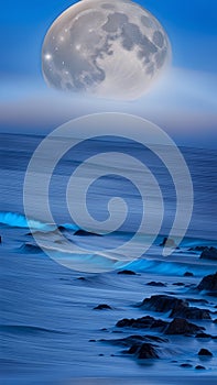 bluemoon overcasting the beach coast illustration Artificial Intelligence artwork generated