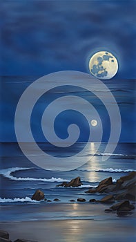 bluemoon overcasting the beach coast illustration Artificial Intelligence artwork generated