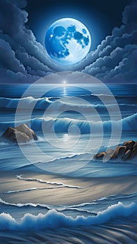 bluemoon overcasting the beach coast illustration Artificial Intelligence artwork generated