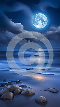 bluemoon overcasting the beach coast illustration Artificial Intelligence artwork generated