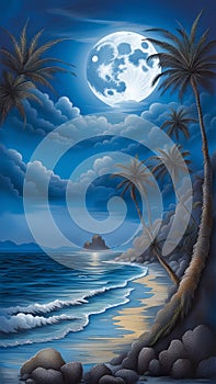 bluemoon overcasting the beach coast illustration Artificial Intelligence artwork generated