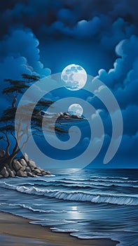 bluemoon overcasting the beach coast illustration Artificial Intelligence artwork generated