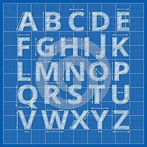 Blueprint alphabet. Vector drafting paper letters