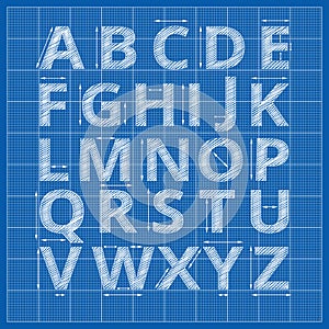 Blueprint alphabet. Vector drafting paper letters photo
