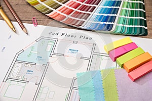 Blueprint of architectural drawing and color palette