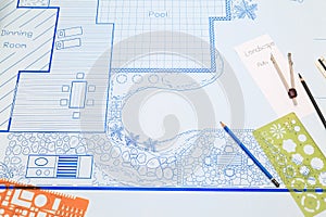 Blueprint backyard garden design plan for villa.