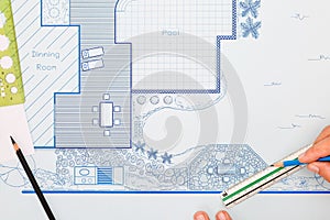 Blueprint backyard garden and pool design plan.