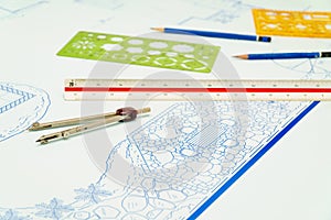 Blueprint backyard garden and pool design plan.