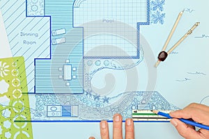 Blueprint backyard garden and pool design plan.