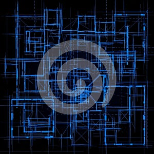 Blueprint on a black background featuring a complex network of