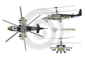 Blueprint of camouflage military helicopter. Side, top and front views of armed air vehicle. Industrial 3d drawing