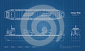 Blueprint of cargo ship on white background. Top, side and front view of tanker. Container boat industrial drawing