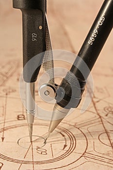 Blueprint and compasses photo