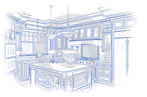 Blueprint Custom Kitchen Design Drawing on White photo