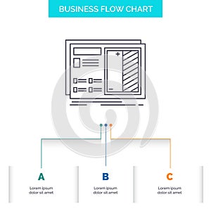 Blueprint, design, drawing, plan, prototype Business Flow Chart Design with 3 Steps. Line Icon For Presentation Background