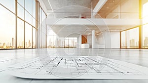 Blueprint Floor Plan In Modern Empty Open Plan Office, Architecture And Construction Design Concept