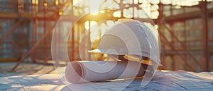 Blueprint and hardhat representing architecture and engineering projects with building