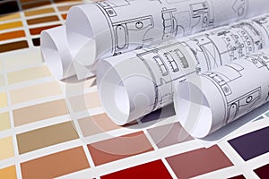 Blueprint of home and paint color palette photo