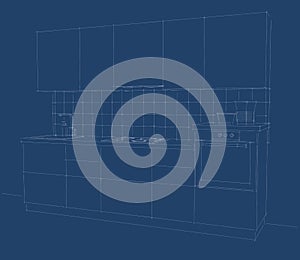 Blueprint of kitchen perspective.