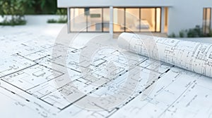 A blueprint layout rolls out in front of a modern, stylish house under warm lighting photo